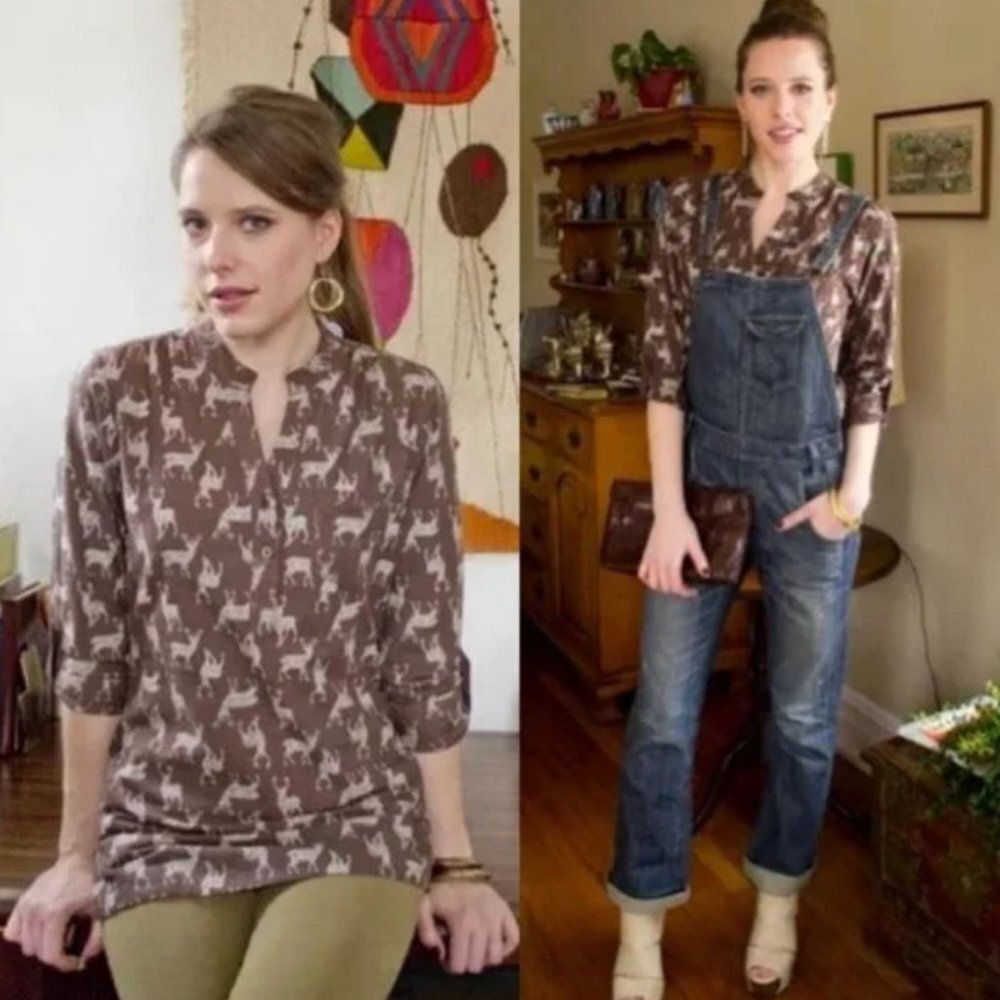 Modcloth Mata Traders Near and Deer‎ Popover Shirt Womens Size XS Brown Cotton